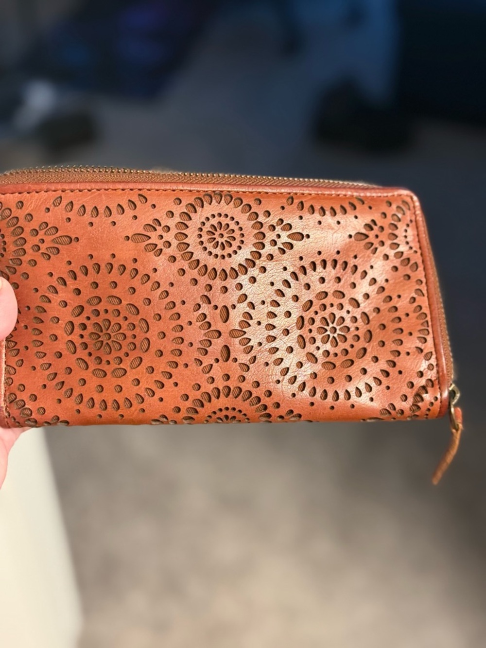 Women's Laser-Cut Leather Zip Wallet in Tan